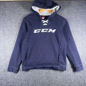 CCM Hockey Hoodie Navy Blue Lace Up Hoodie Sweatshirt Youth XL Embroidered Logo